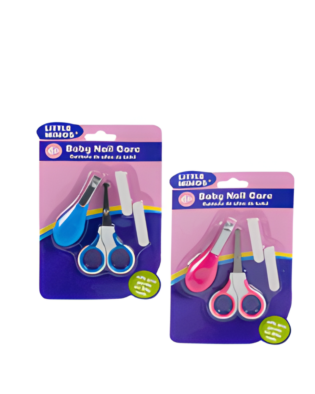 Two packages of Little Majo baby nail care sets with scissors and clippers on a white background.