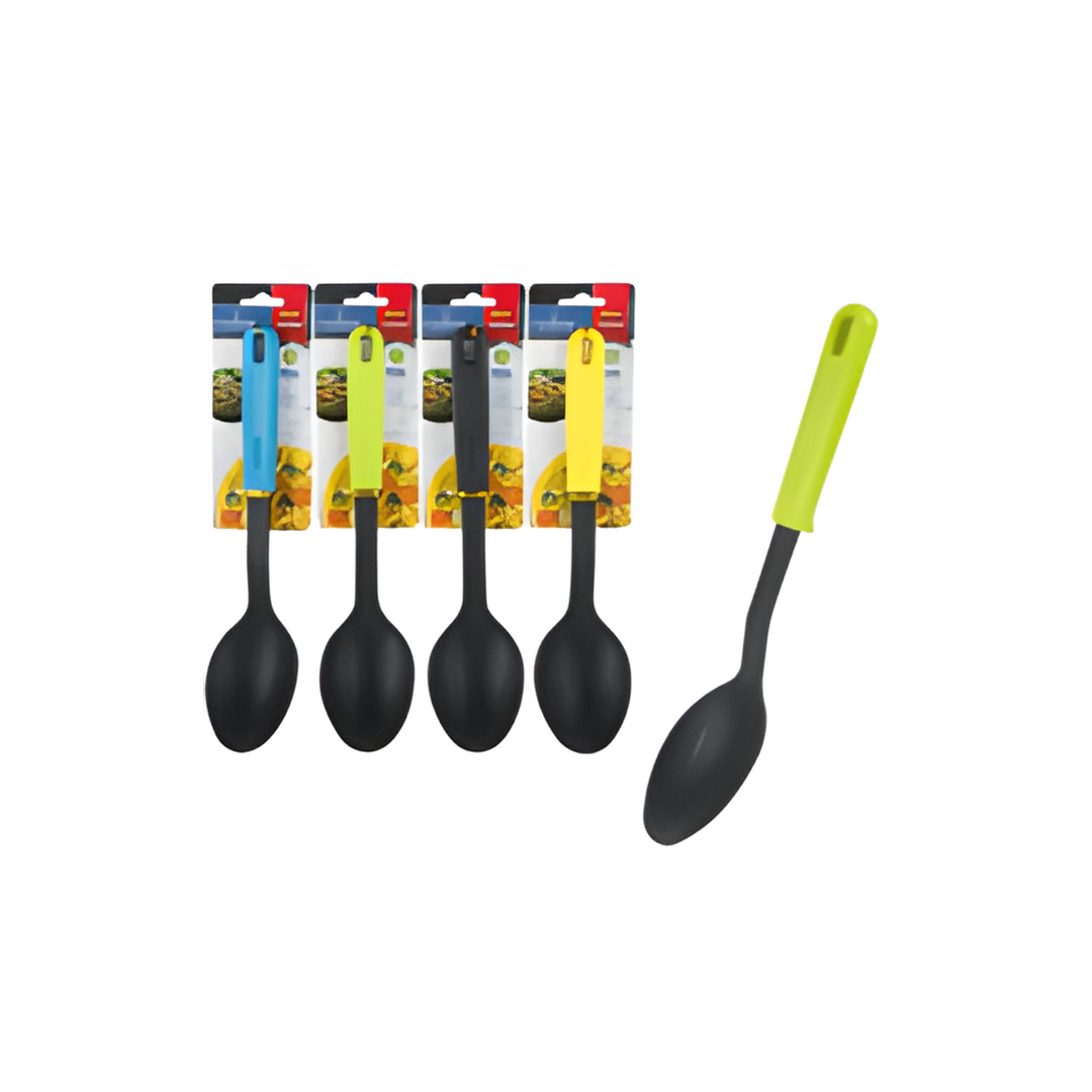 Set of black spoons with green handles on a white background