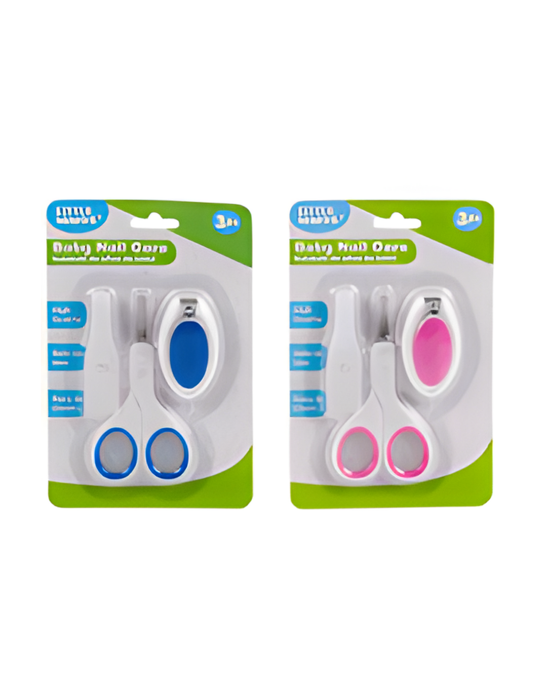 Two packages of baby nail clippers with blue and pink handles on a white background.