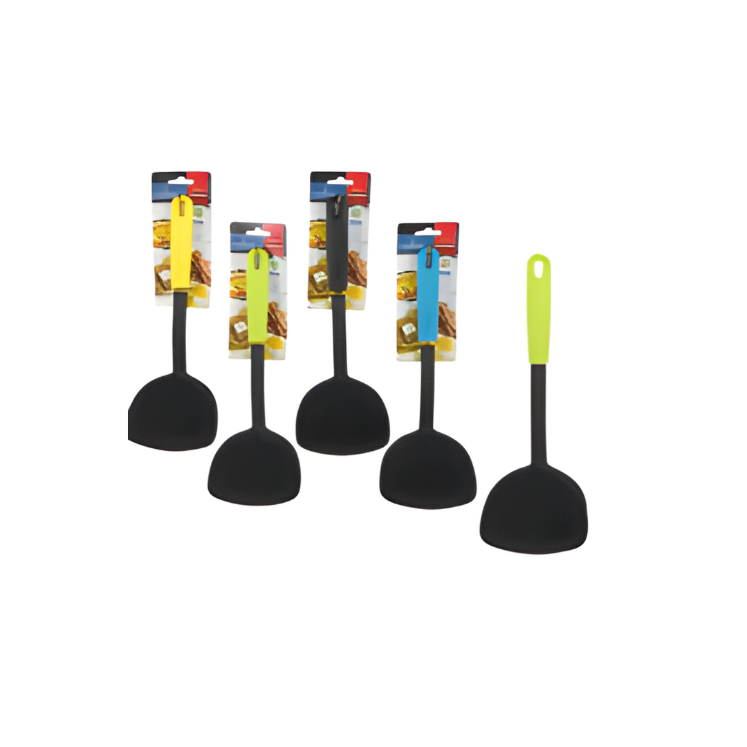 Set of black slotted turners with colorful handles on a white background