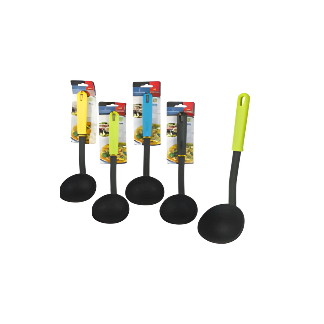 Set of black ladles with green handles in packaging on a white background