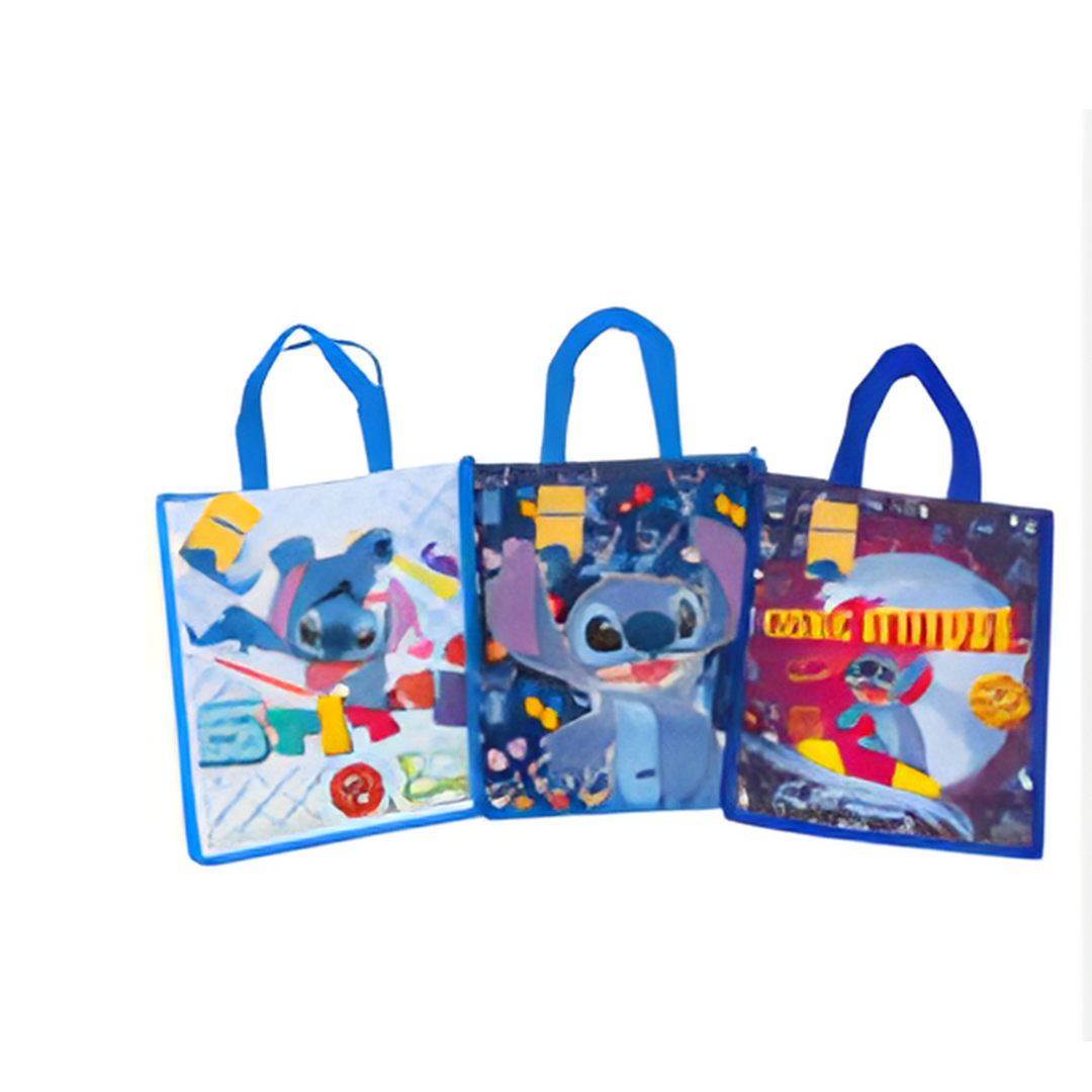 Three colorful tote bags with cartoon character design on a white background
