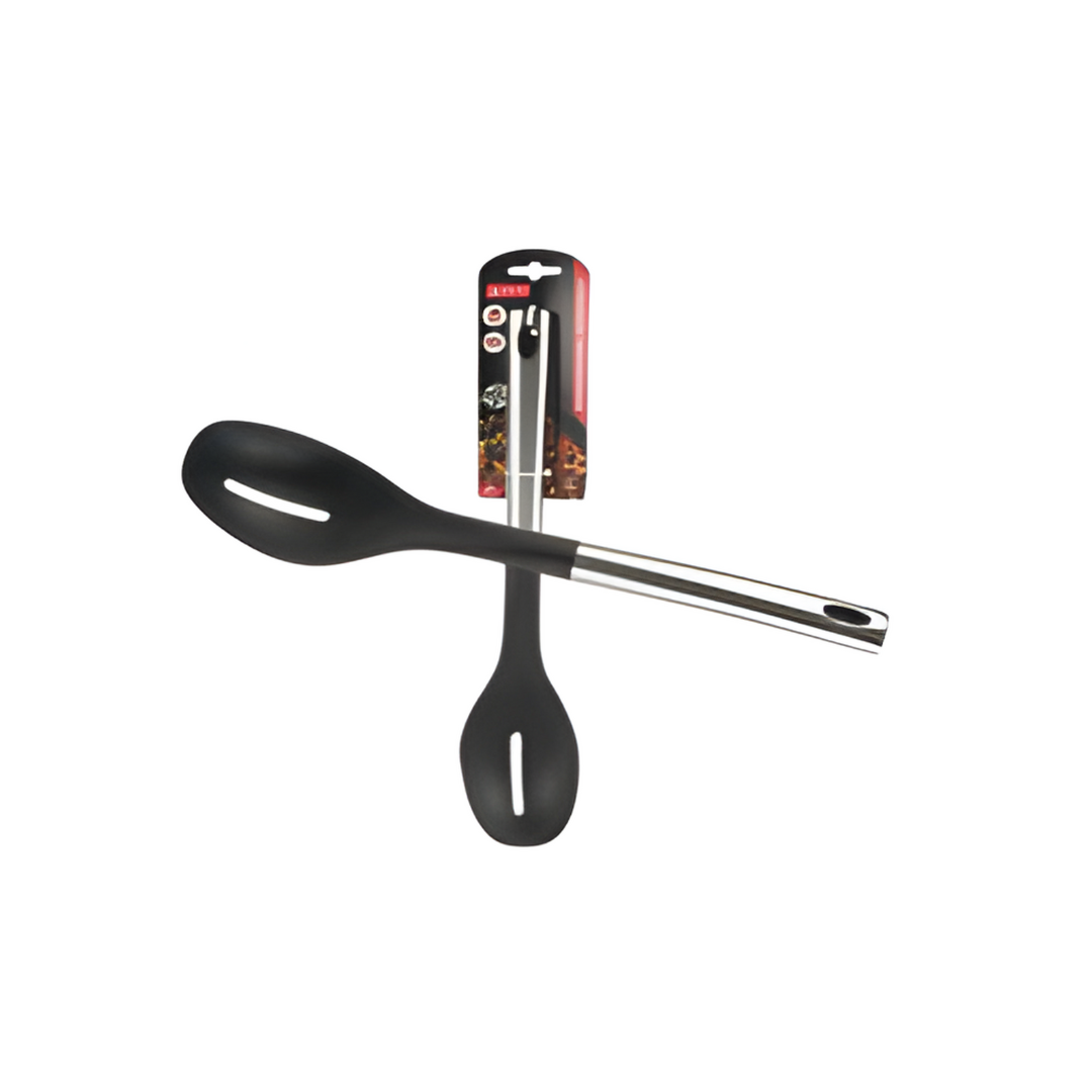 Black slotted spoon with metal handle on a white background