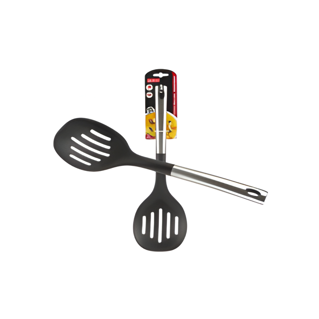 Black slotted spoon with metal handle on a white background