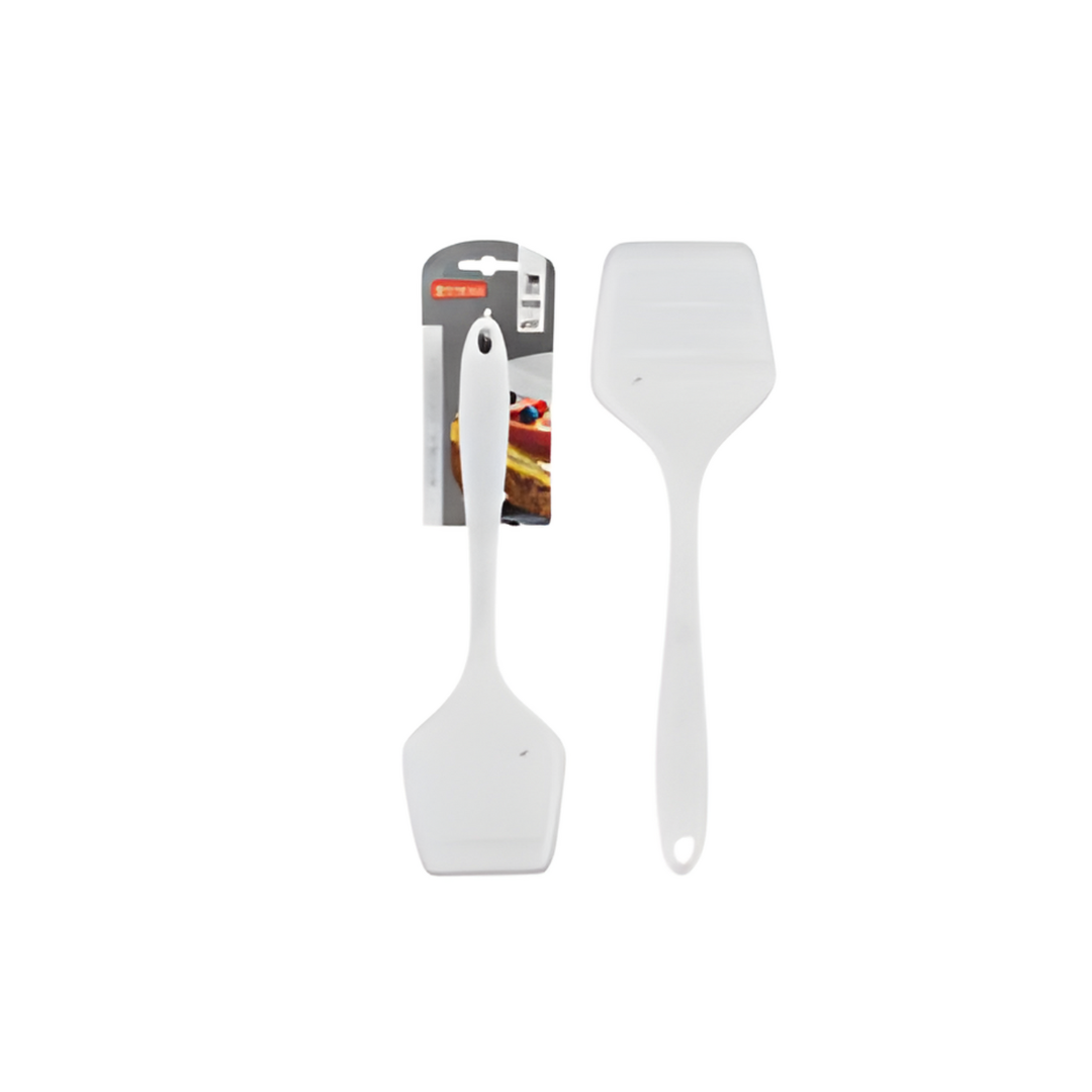 Two white spatulas with a brand label on a white background