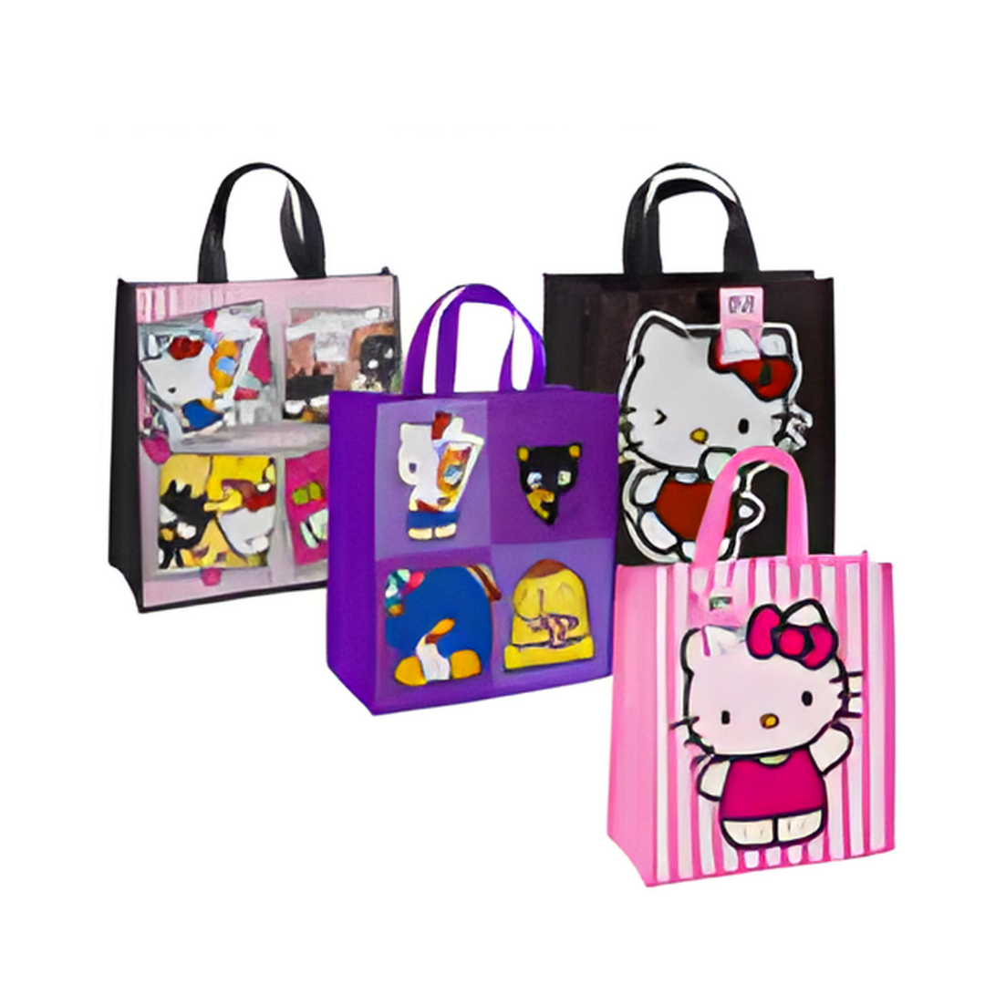 Four colorful gift bags with cartoon characters on a white background