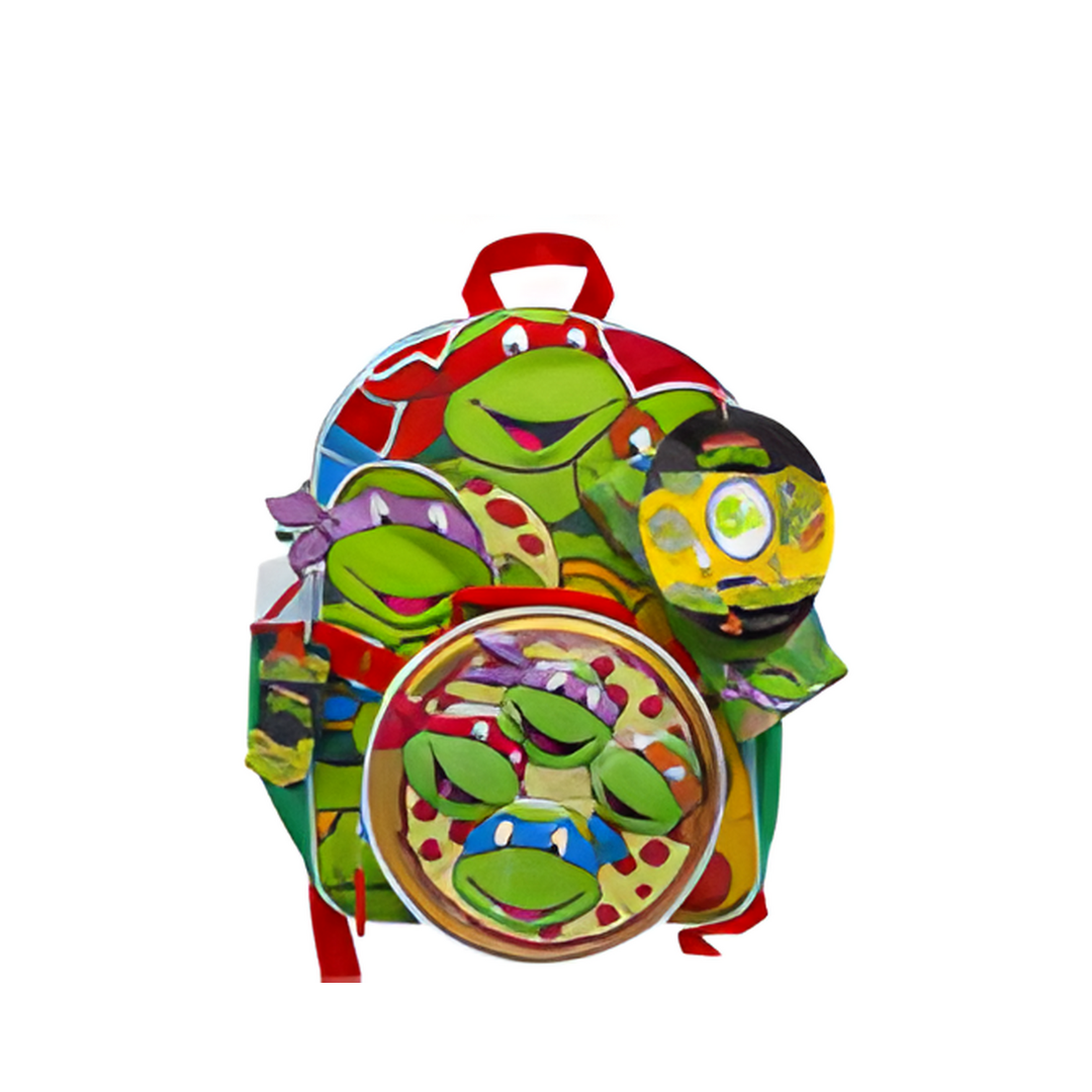 Colorful backpack with cartoon turtle design on a white background