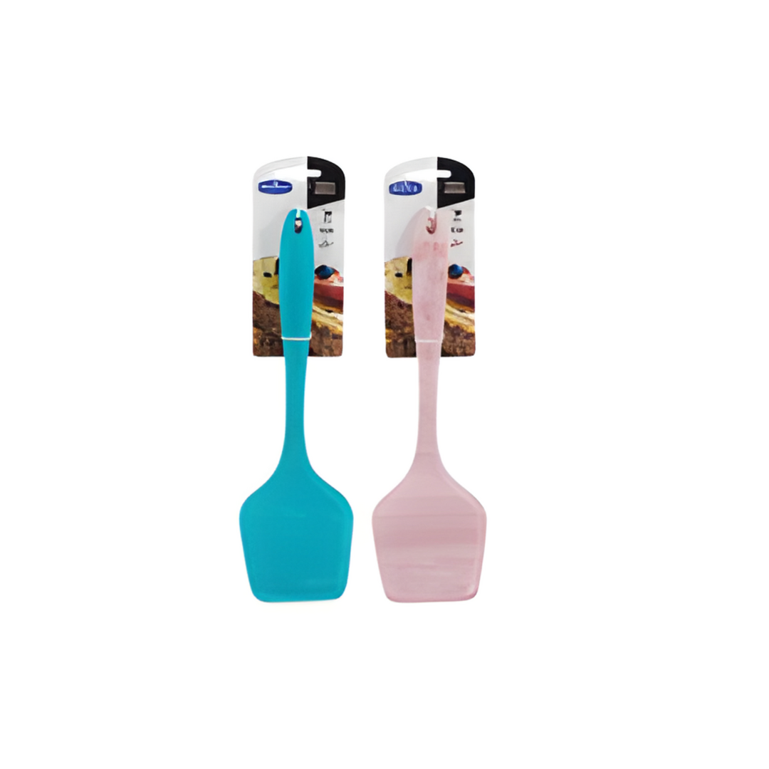 Two silicone spatulas, one blue and one pink, on a white background with packaging.