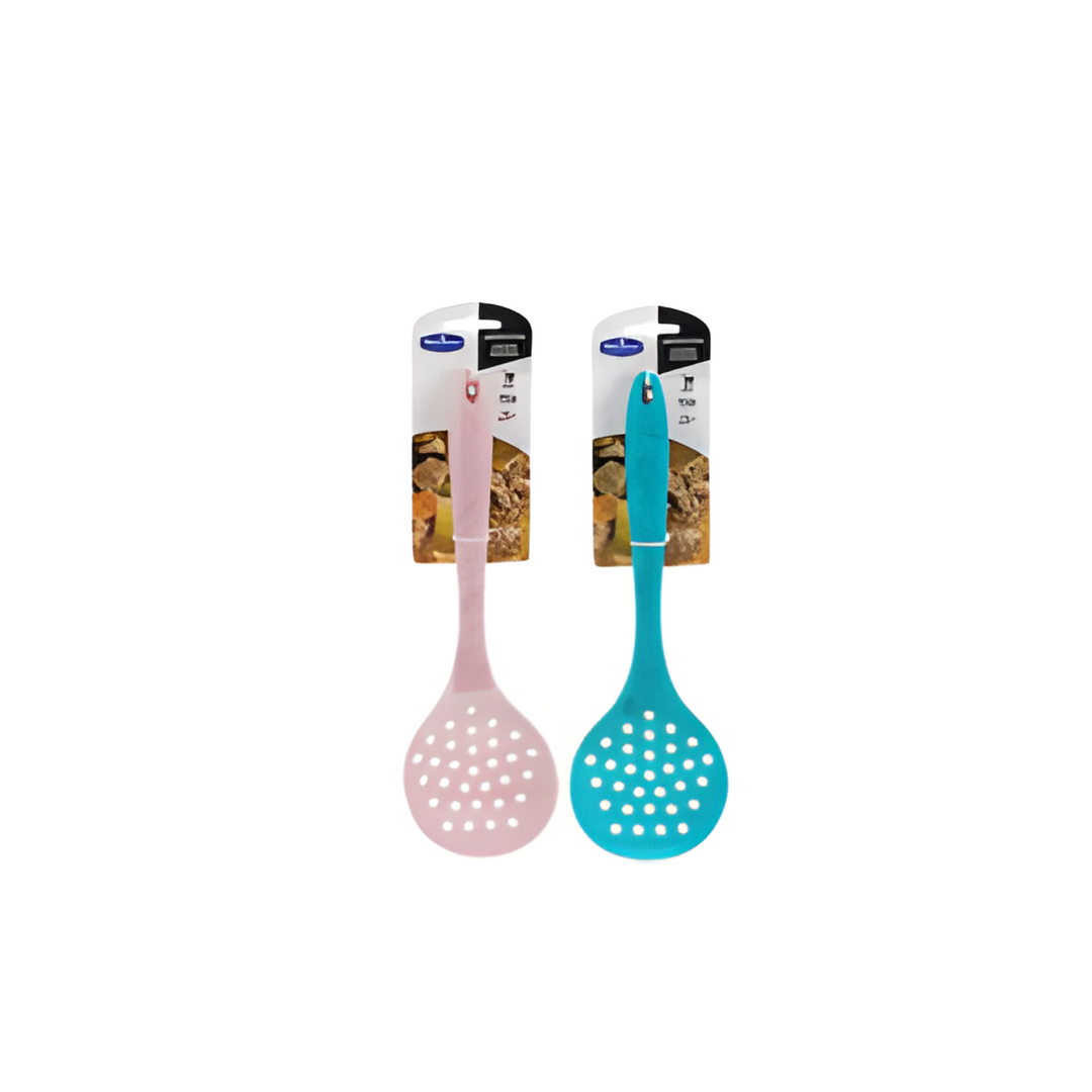 Two silicone utensils, one pink and one blue, with packaging on a white background.