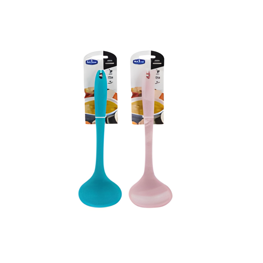 Two silicone ladles, one blue and one pink, with packaging on a white background.