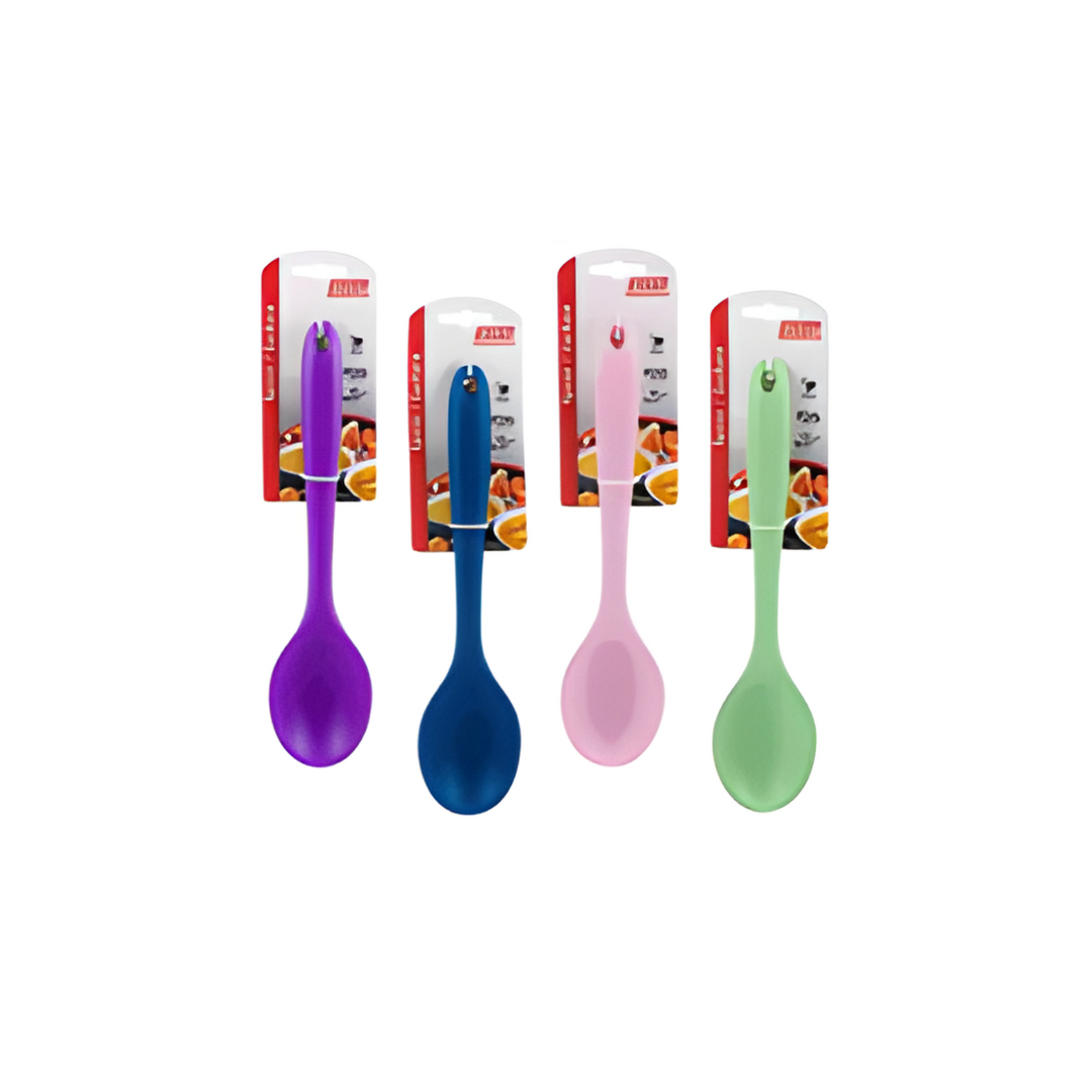 Four colorful spoons with packaging on a white background