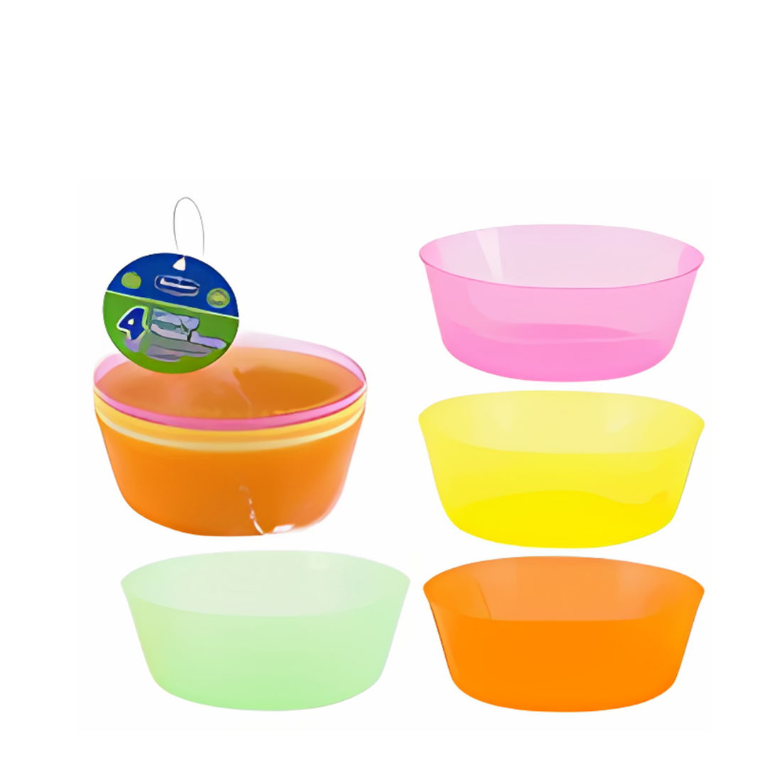 Set of colorful plastic bowls with a hanging tag on a white background