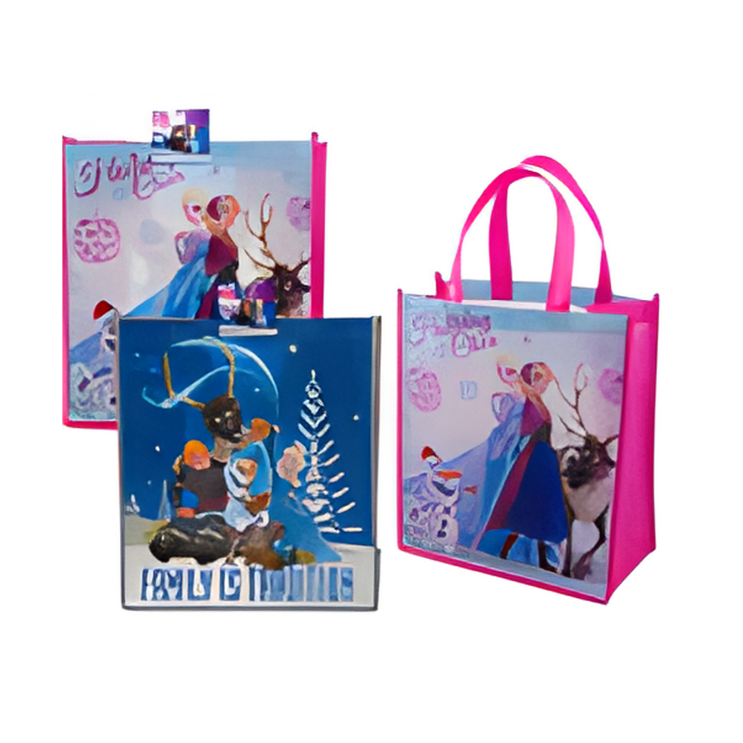 Two Frozen-themed gift bags with colorful designs on a white background