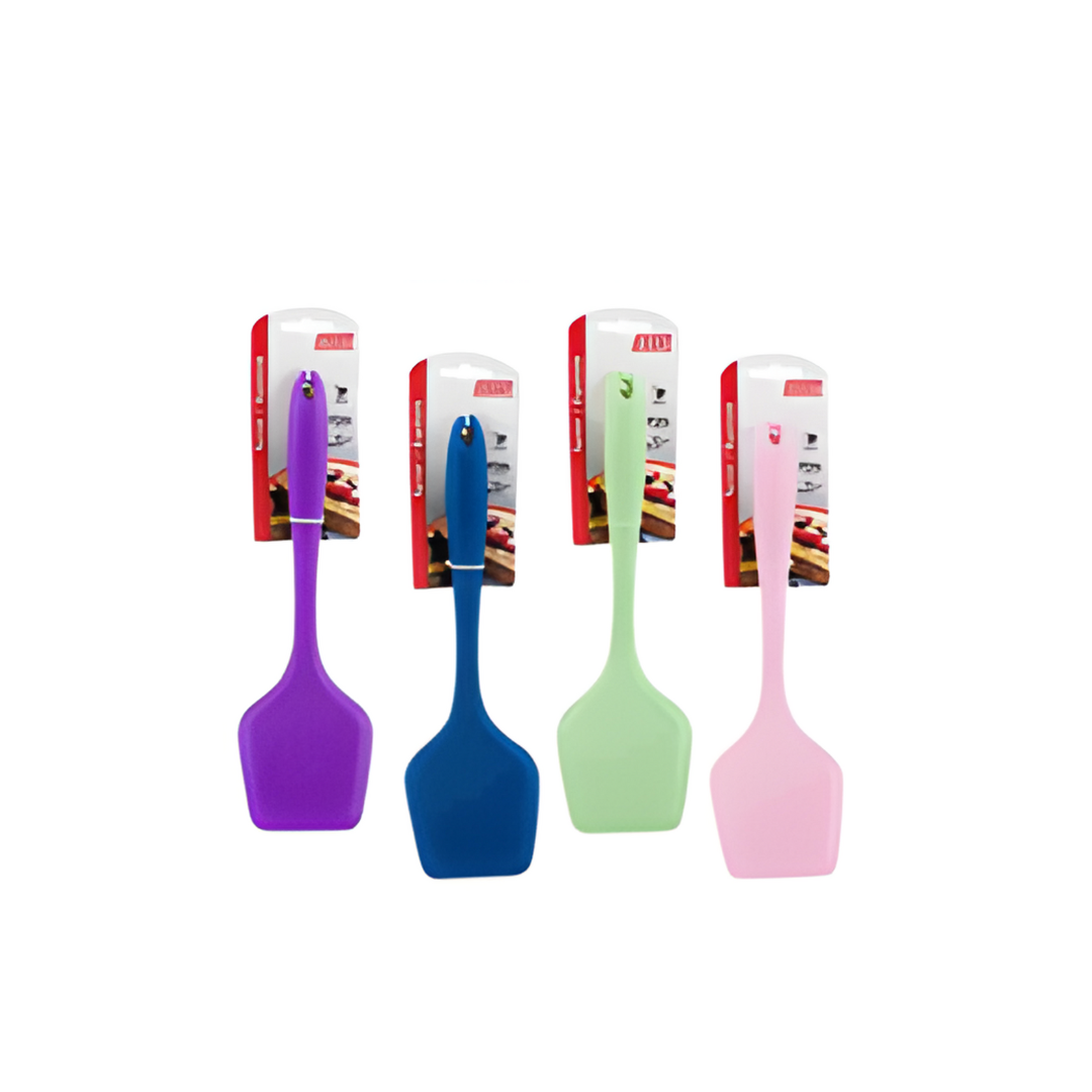 Four colorful spatulas with packaging on a white background