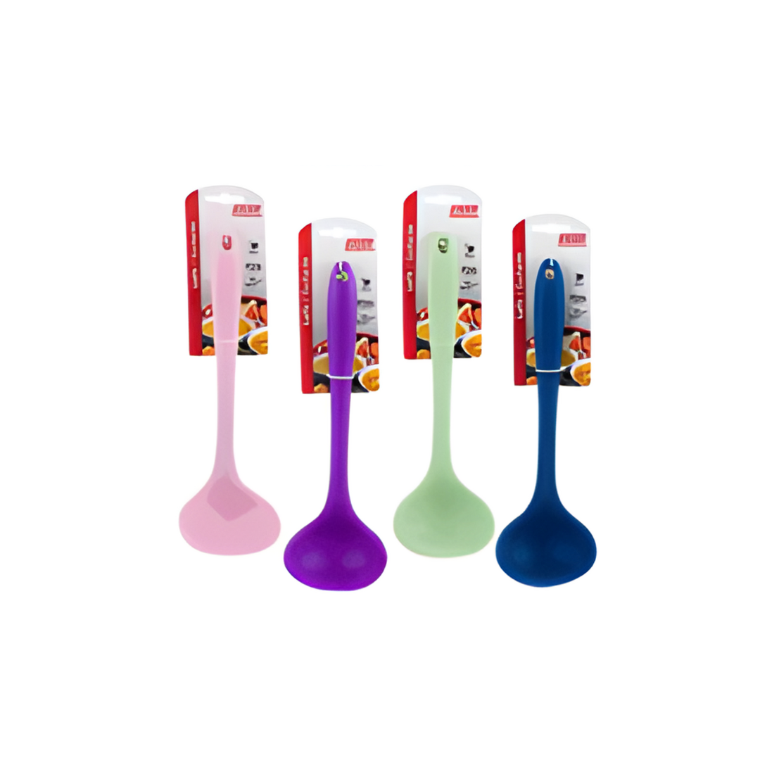Four colorful ladles on stands with packaging in the background