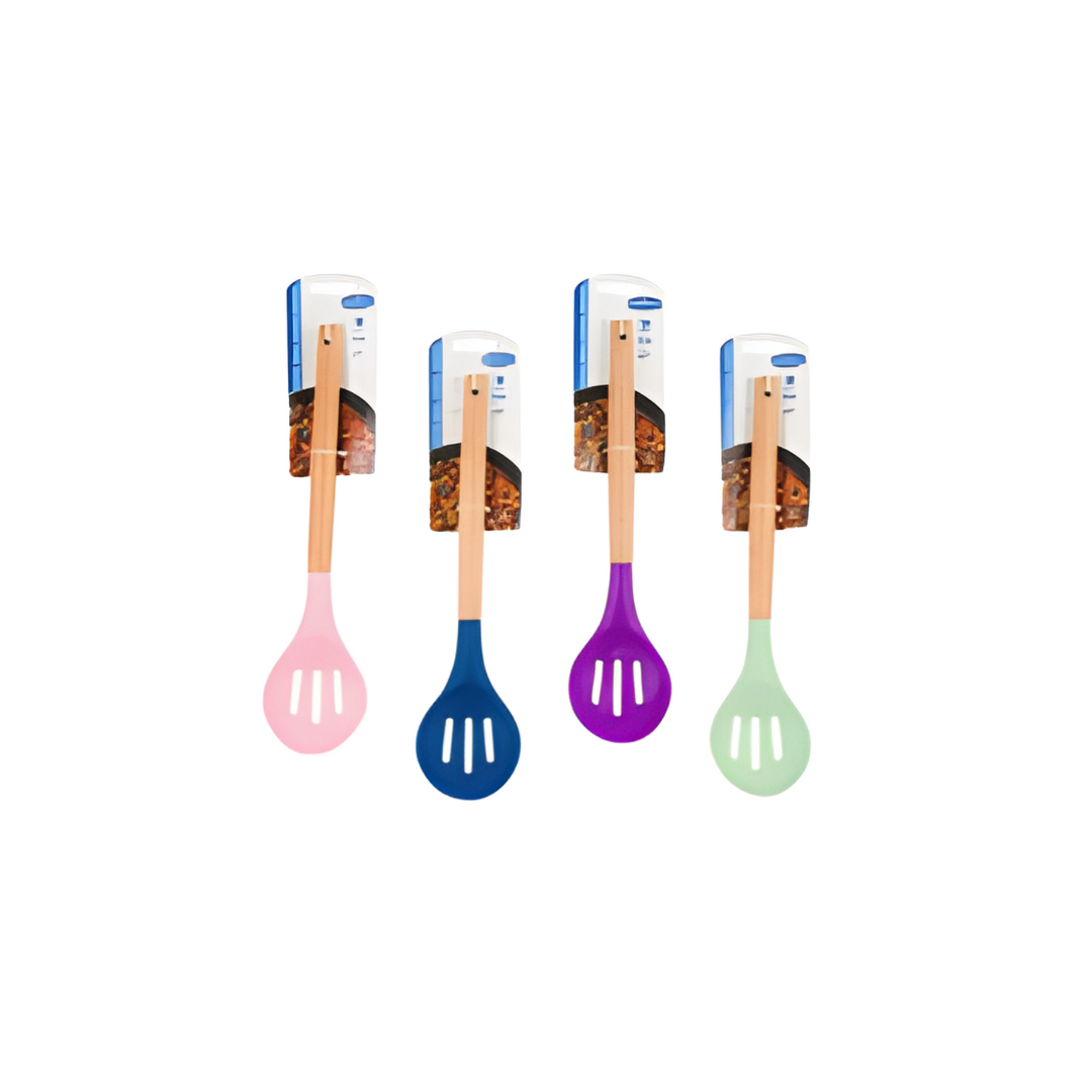 Set of four colorful kitchen utensils with wooden handles on a white background