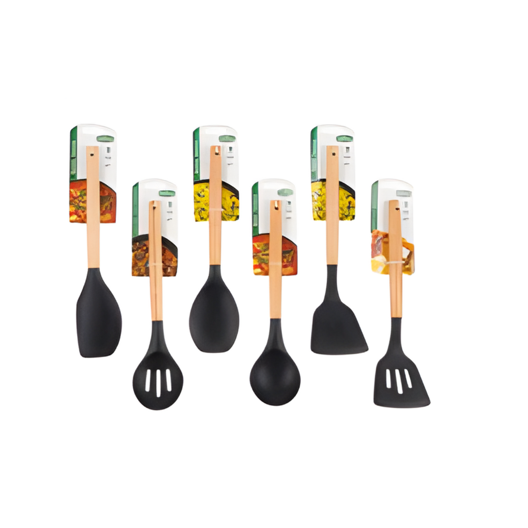 Set of black kitchen utensils with wooden handles on a white background