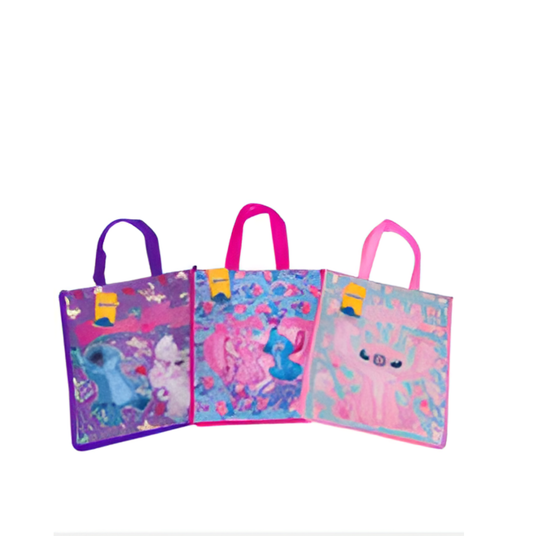 Three colorful tote bags with cartoon designs on a white background
