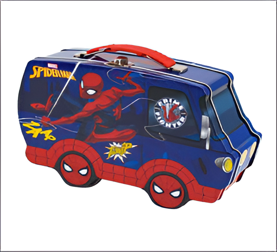 Spider-Man themed lunch box with character design on a white background