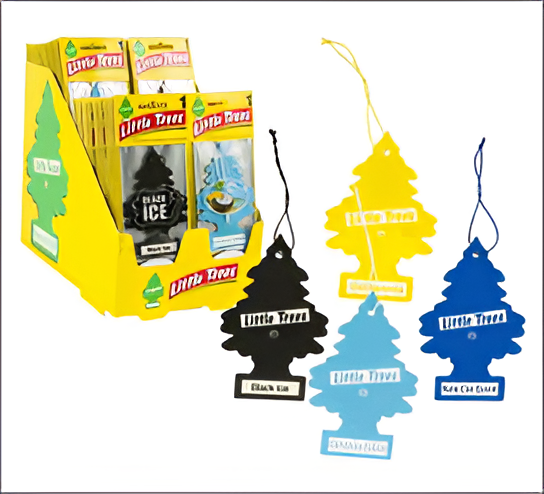 Display of Little Trees air fresheners in various scents with packaging.