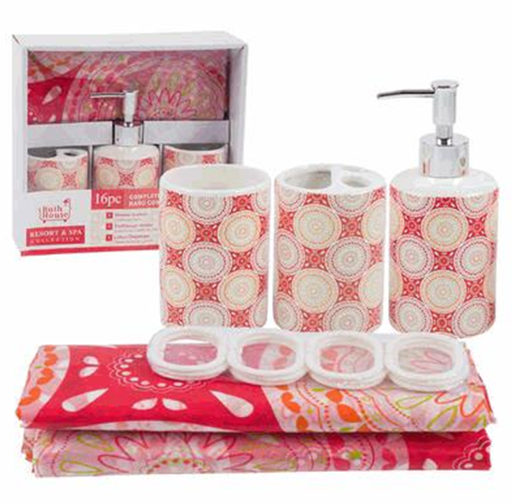 16-Piece Bathroom Set – Red Design with Shower Curtain, Mat Accessories