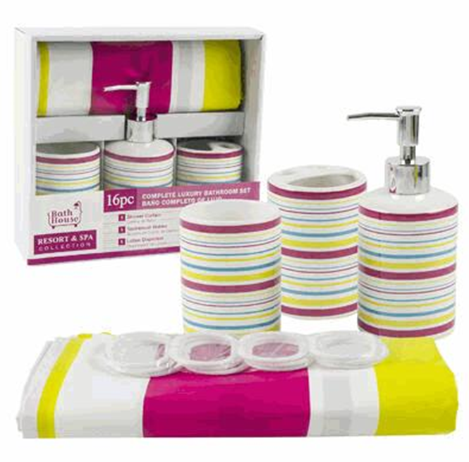 16-Piece Bathroom Set – Striped Design with Shower Curtain, Mats Accessories