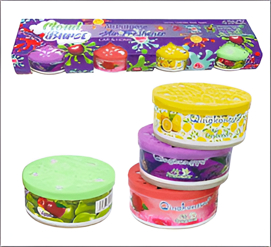 Set of colorful air fresheners with packaging in the background