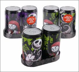Set of Halloween-themed salt and pepper shakers with decorative packaging.