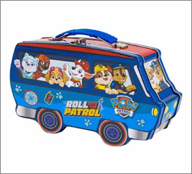Paw Patrol toy van with cartoon characters on a white background