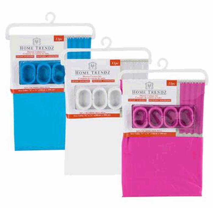 71" Shower Curtain with Hooks, PEVA – 4 Assorted Designs