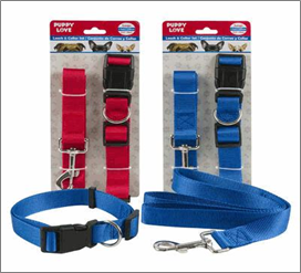 Two packages of dog collars and leashes with red and blue colors.