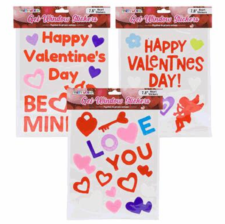Valentine’s Day Window Gel Stickers, 25pc Heart Design – 7.8" Sheet